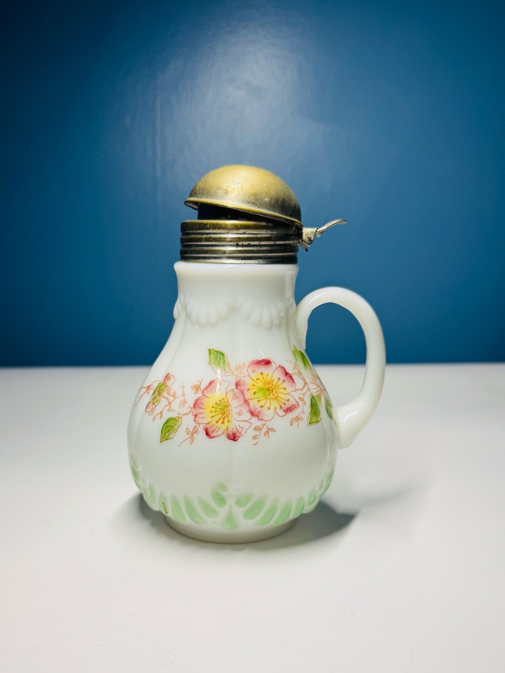 Vintage Embossed Hand Painted Flowers Milk Glass Syrup Pitcher Great  Cond